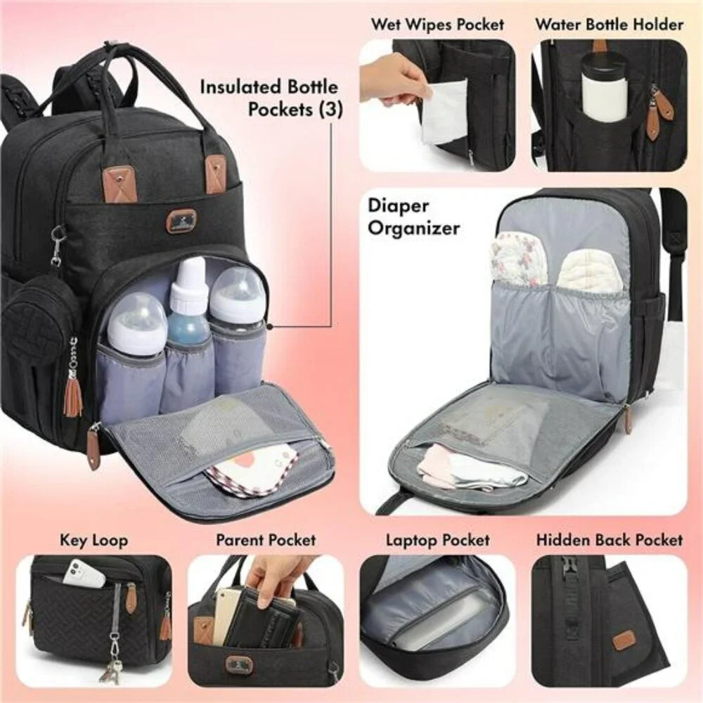 Large Black Diaper Bag Backpack with Changing Pad Pacifier Case Baby Travel Bag